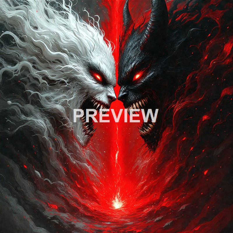 The image depicts two fierce, snarling wolf-like creatures with glowing red eyes, one white and one black, facing each other with a fiery red and black background that enhances their menacing appearance.